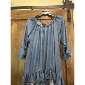 E50 New Directions Top XL Chambray Peasant Off Shoulder Bell Sleeve Ruffles